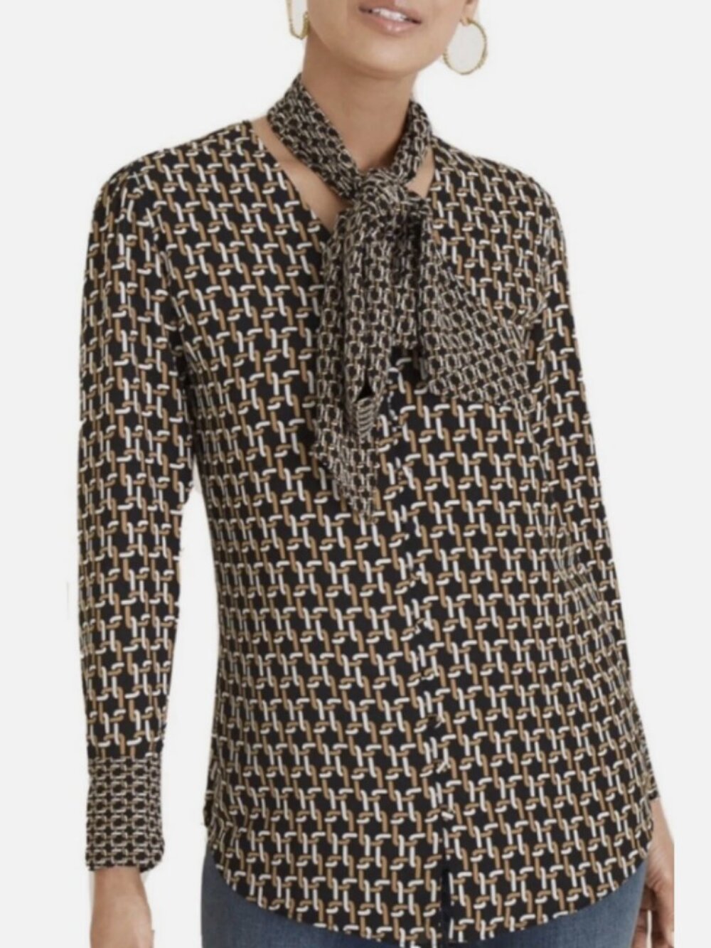 CHICO’S Black & Gold Geometric, Link-Print Removable Scarf Blouse Size 1